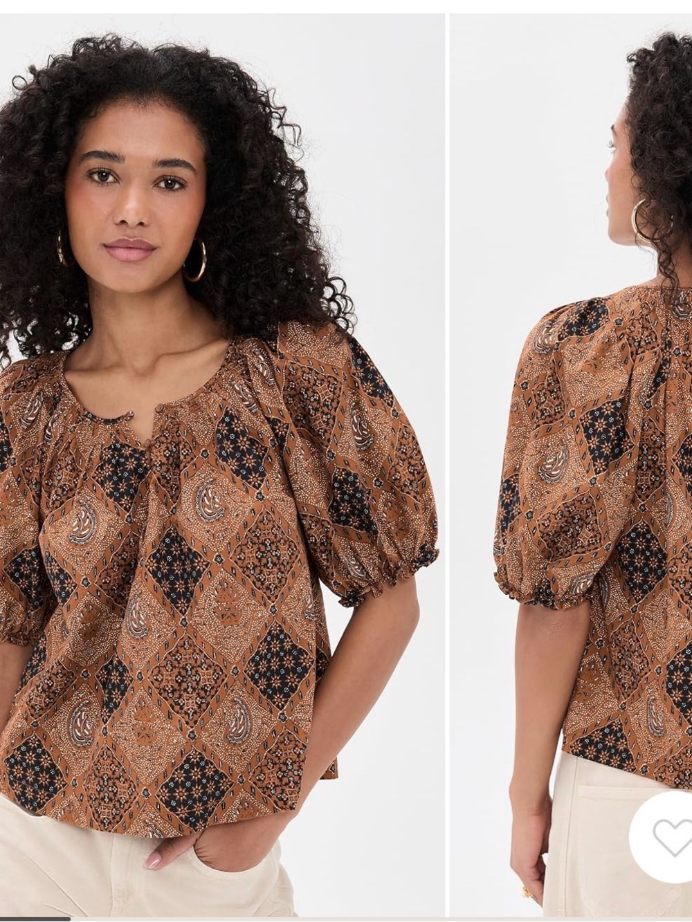THE GREAT. Brown Paisley Patchwork Puff-Sleeve Blouse bandana print size 0 xs